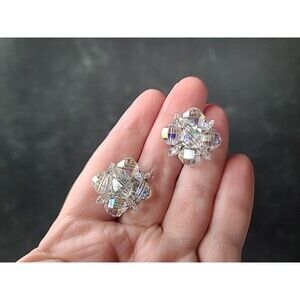 Laguna Crystal Aurora Borealis Beaded Clip-on Earrings Vintage Costume Jewelry